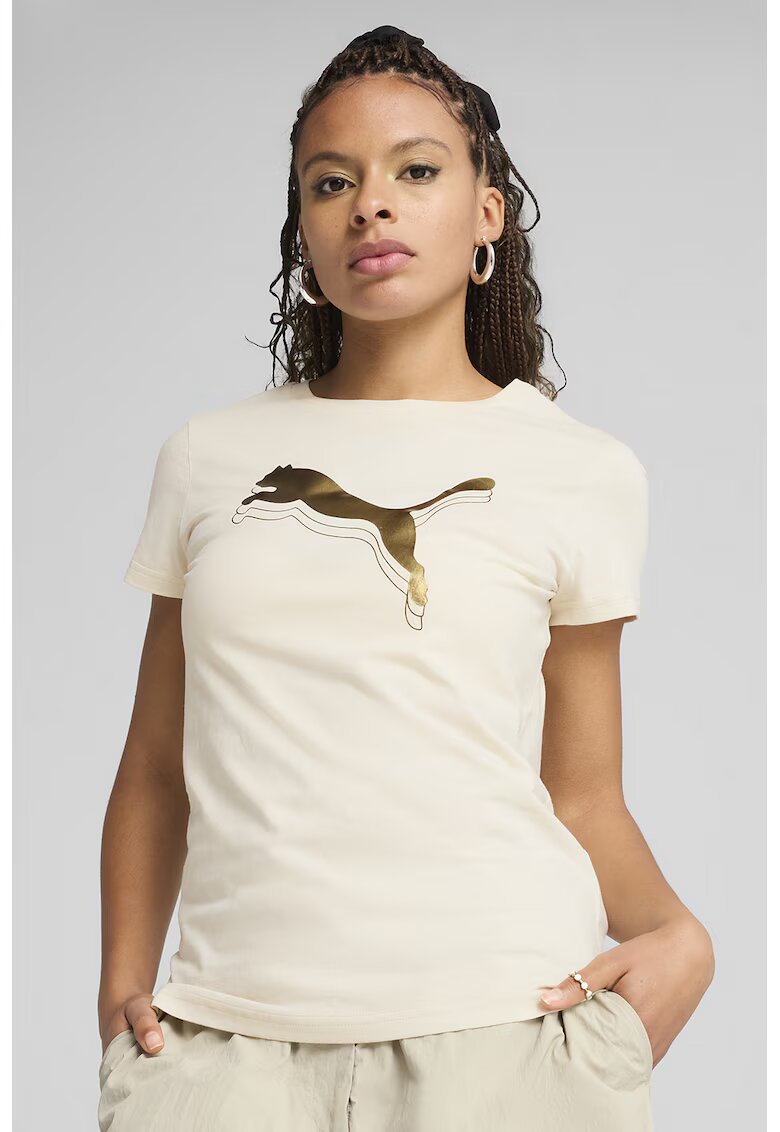 Puma Tricou cu decolteu la baza gatului si imprimeu logo - Auriu/Crem