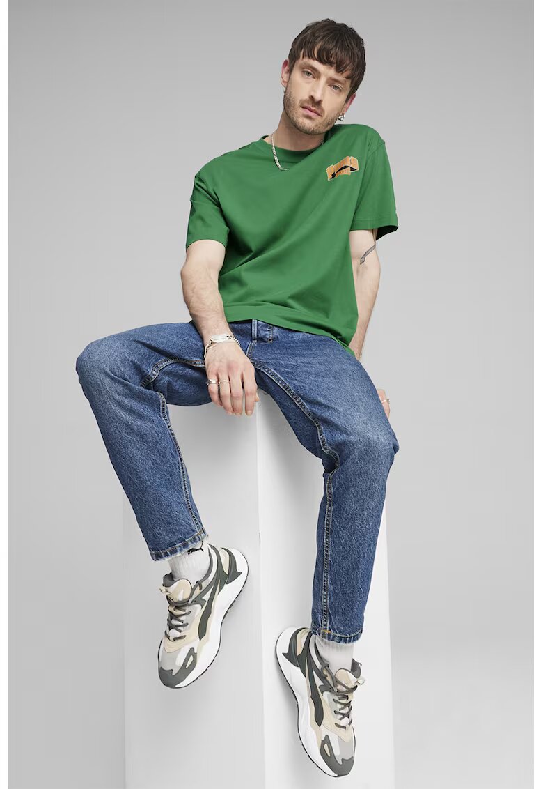 Puma Tricou cu decolteu la baza gatului si imprimeu pe partea din spate - Verde/Portocaliu