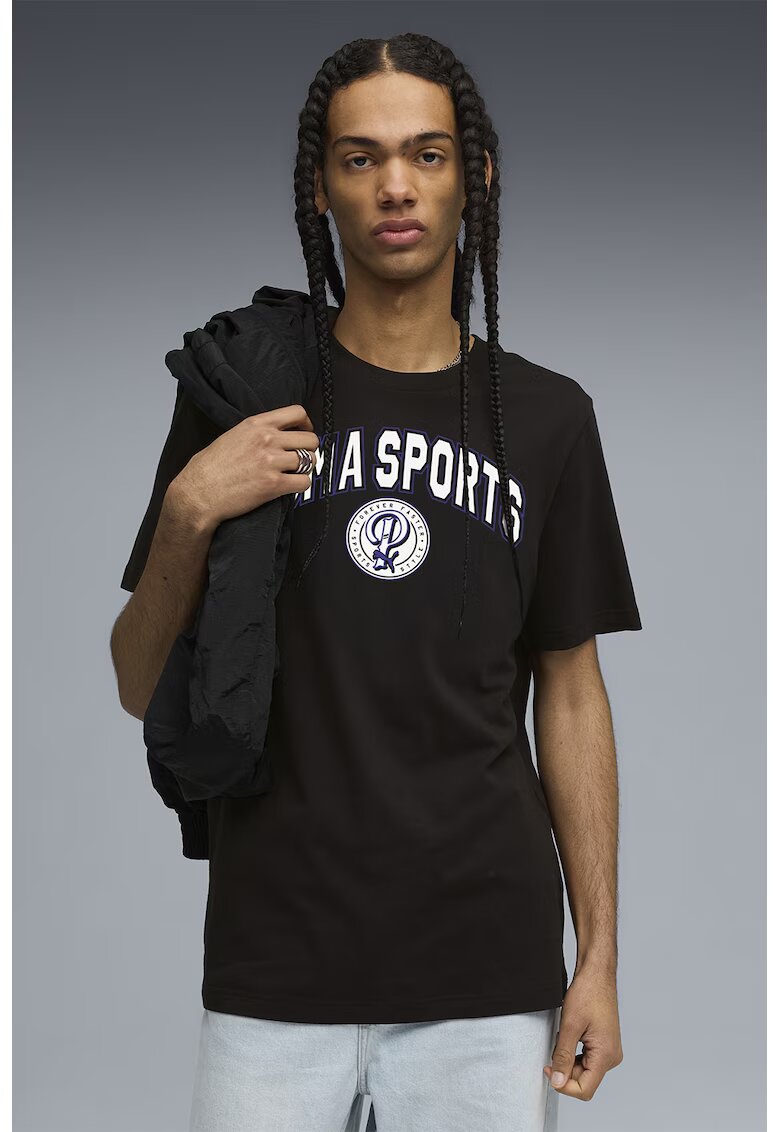 Puma Tricou cu decolteu la baza gatului si imprimeu text - Negru