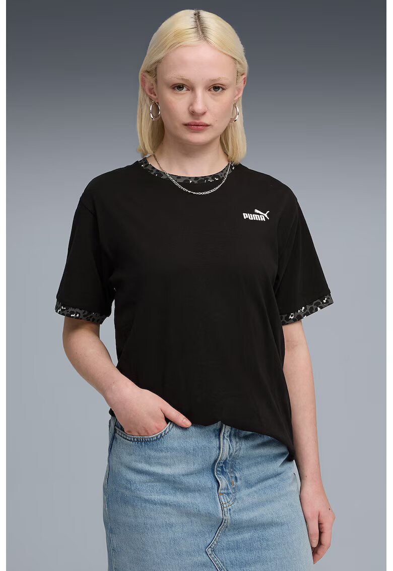 Puma Tricou cu detalii animal print si decolteu la baza gatului - Negru/Alb optic