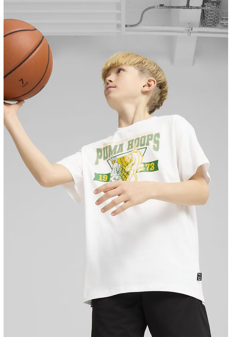 Puma Tricou cu imprimeu logo - pentru baschet - Alb optic/Verde aquamarin