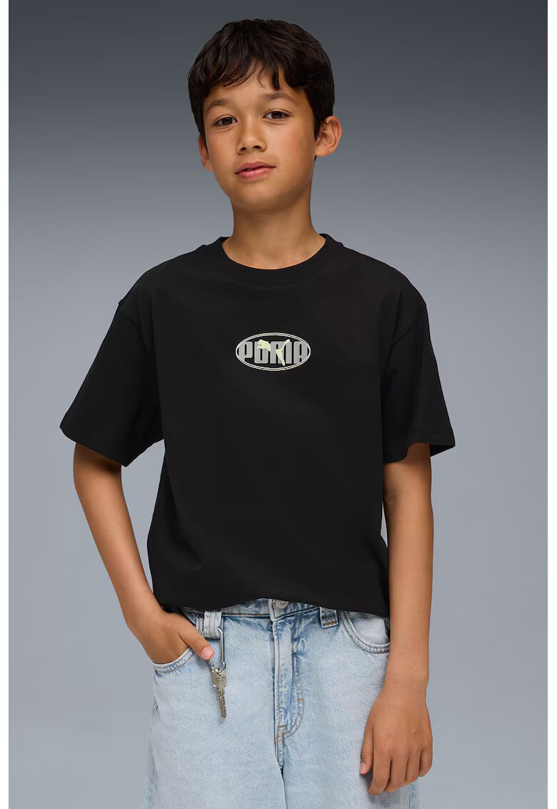 Puma Tricou cu imprimeu si decolteu la baza gatului - Negru/Gri deschis/Galben deschis