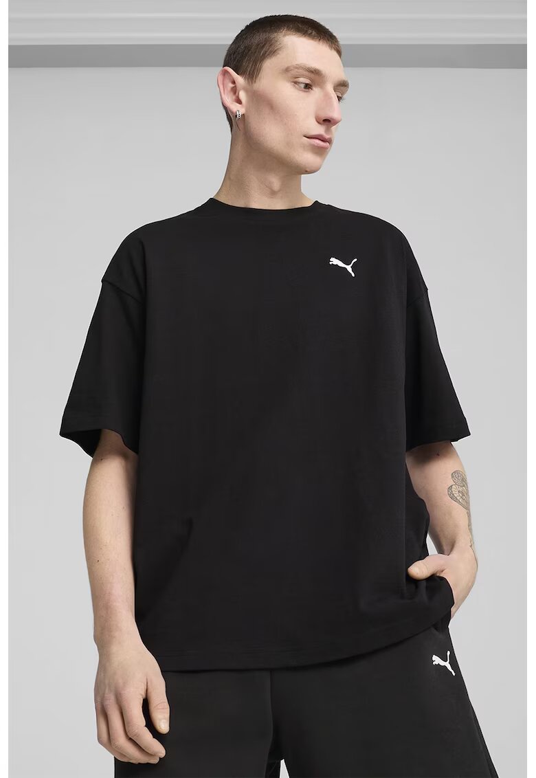 Puma Tricou de bumbac cu decolteu la baza gatului si logo discret - Negru