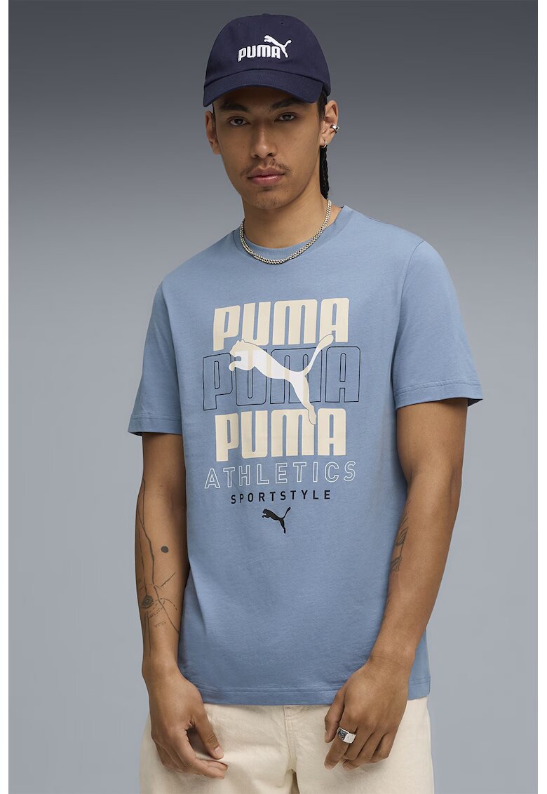 Puma Tricou din amestec de bumbac cu imprimeu logo - Albastru deschis/Crem