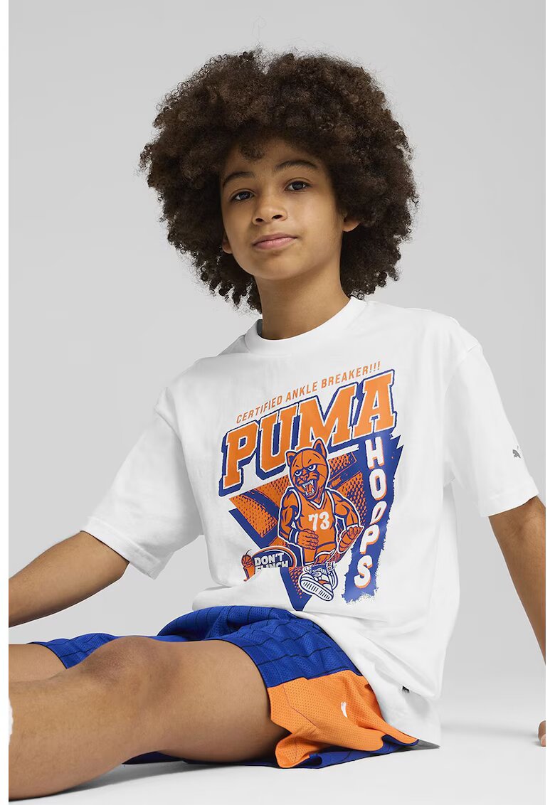 Puma Tricou din bumbac cu imprimeu logo - pentru baschet - Portocaliu deschis/Albastru royal/Alb optic