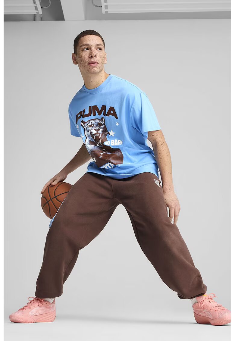 Puma Tricou din bumbac cu imprimeu si decolteu la baza gatului - Maro inchis/Albastru deschis