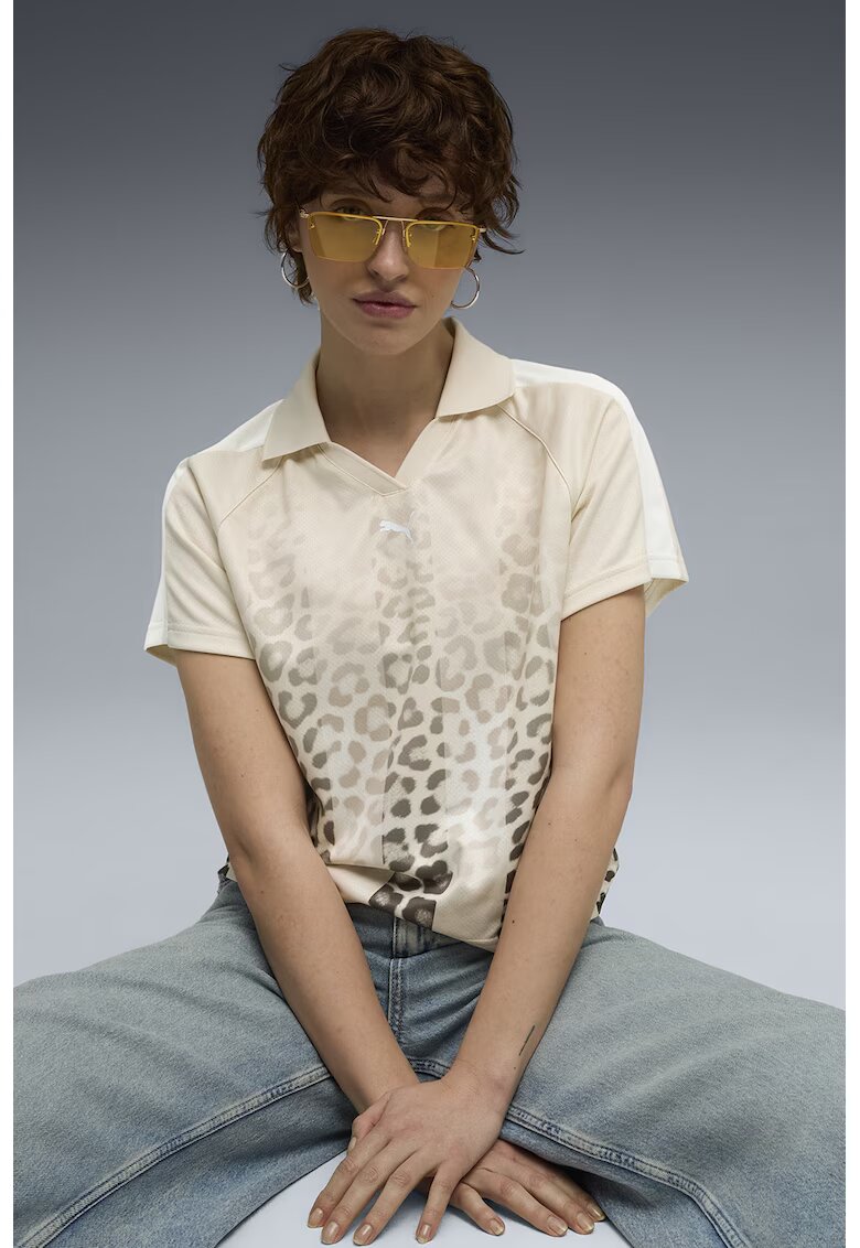 Puma Tricou polo cu animal print Leo Luxe - Gri antracit/Crem