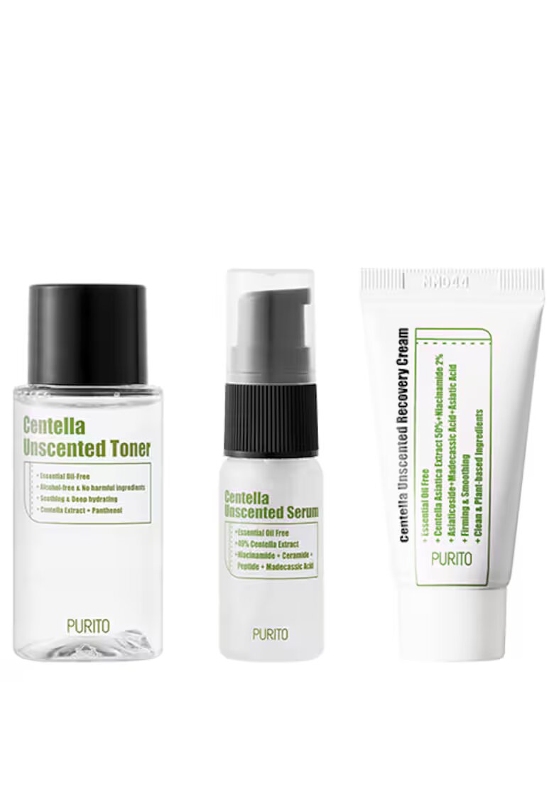 Purito Kit de mini produse cu Centella - fara parfum: Toner - 30 ml + Ser - 15 ml + Crema de fata - 12 ml