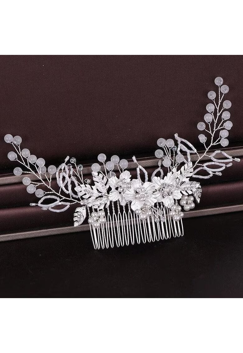 Pursehuit Accesoriu de par argintiu - cu flori si cristale - Elmira C5 -