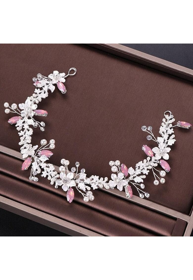Pursehuit Accesoriu de par - argintiu - cu flori si pietre roz - Ares C9 -