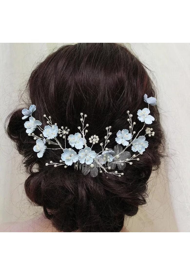 Pursehuit Accesoriu de par - argintiu - cu floricele bleu si perle - Thia C11 -