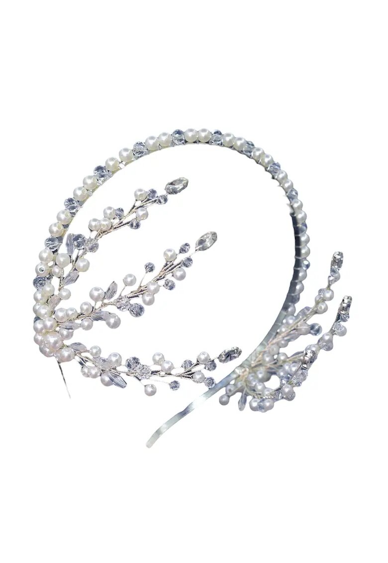 Pursehuit Accesoriu de par argintiu - cu frunzulite laterale - cristale si perle - Bartha C2