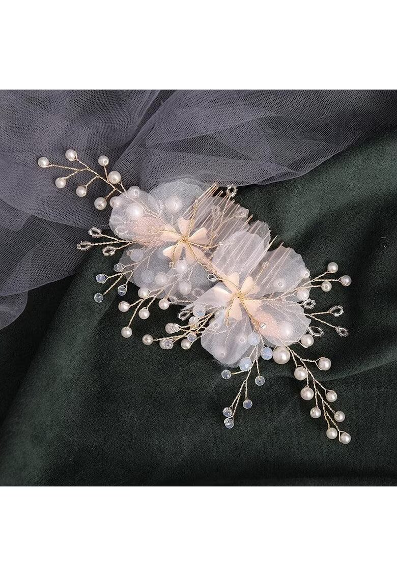 Pursehuit Accesoriu de par - auriu - cu flori albe si perlute - Embla C15 -