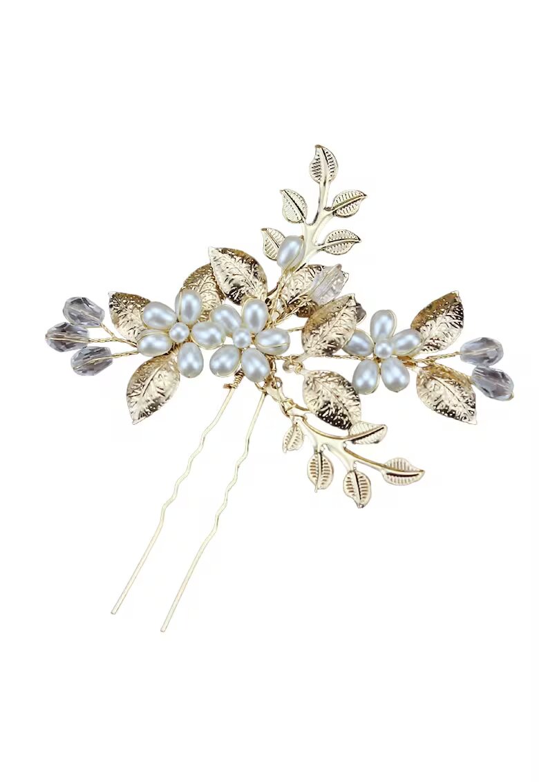 Pursehuit Accesoriu de par - auriu - tip ac - cu frunzulite si perle - Cris C10 -