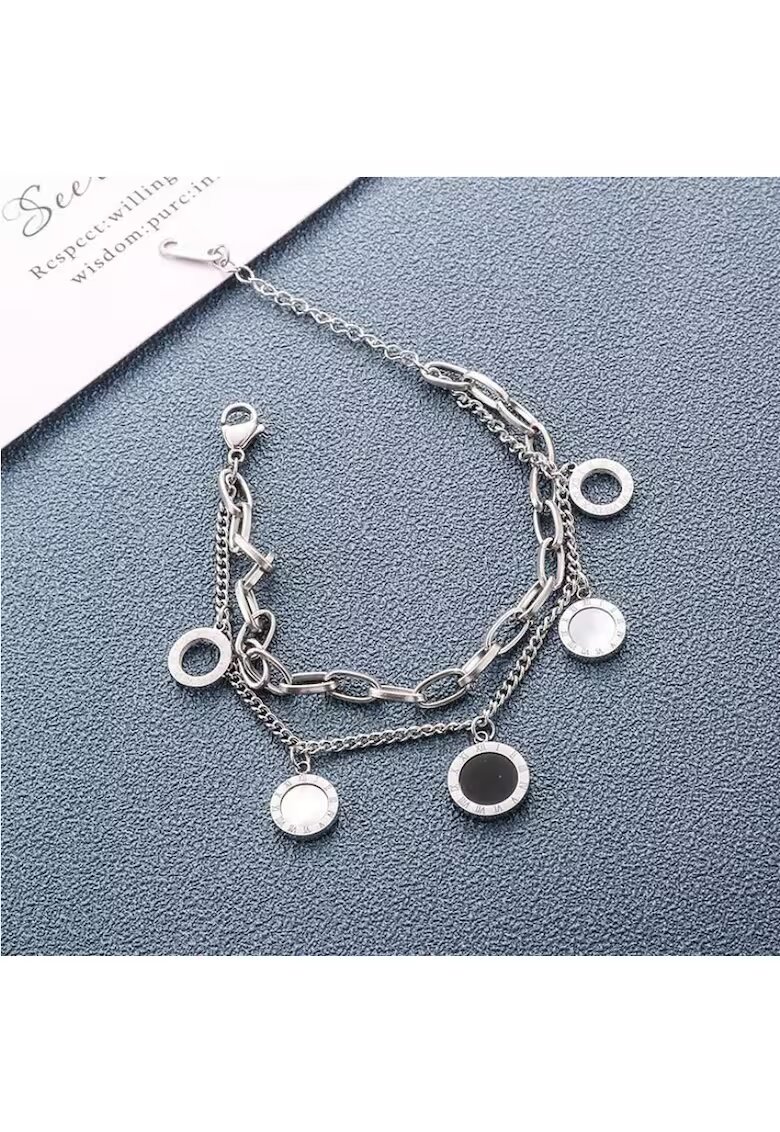 Pursehuit Bratara argintie - din otel inoxidabil 316L - in 2 straturi - cu piese rotunde - placata cu aur 18K PVD - Demian C2