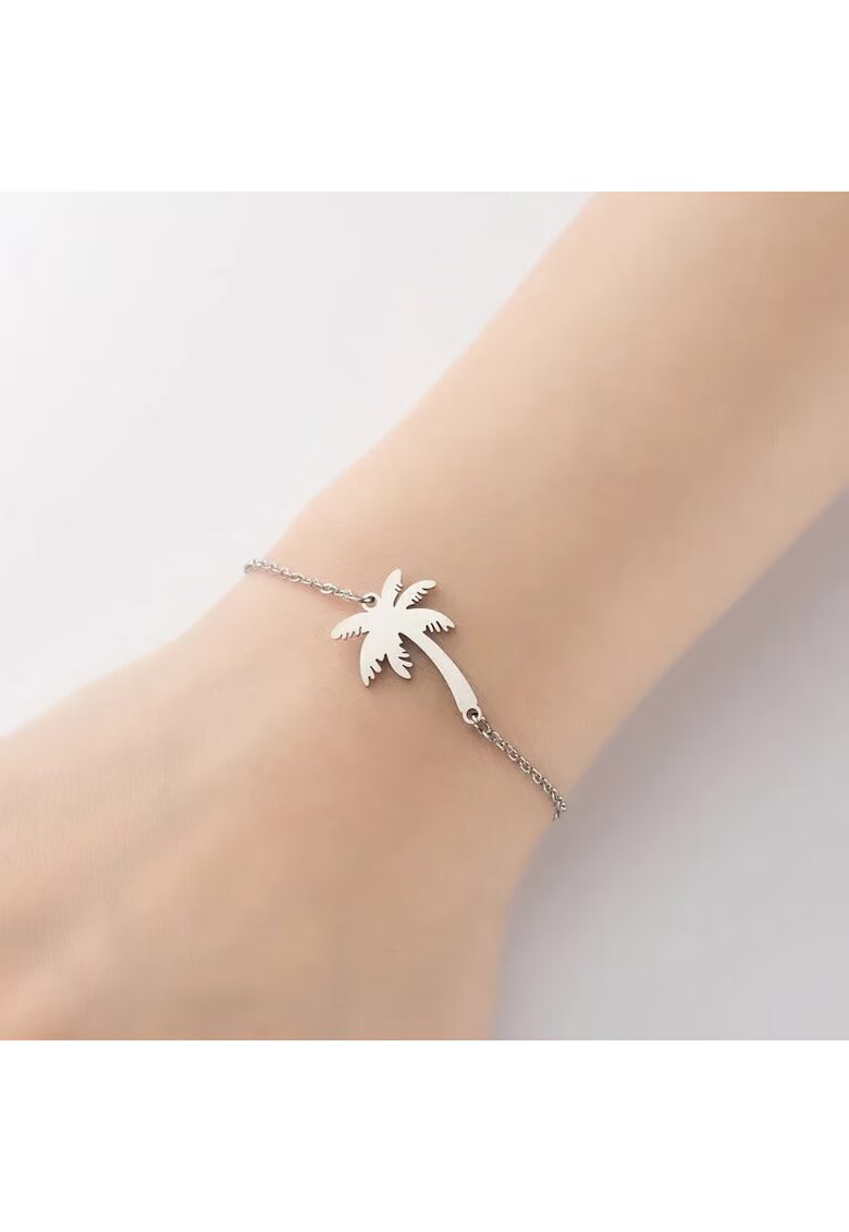 Pursehuit Bratara argintie - din otel inoxidabil - suflata cu aur 18k - cu palmier - Jasmin C5