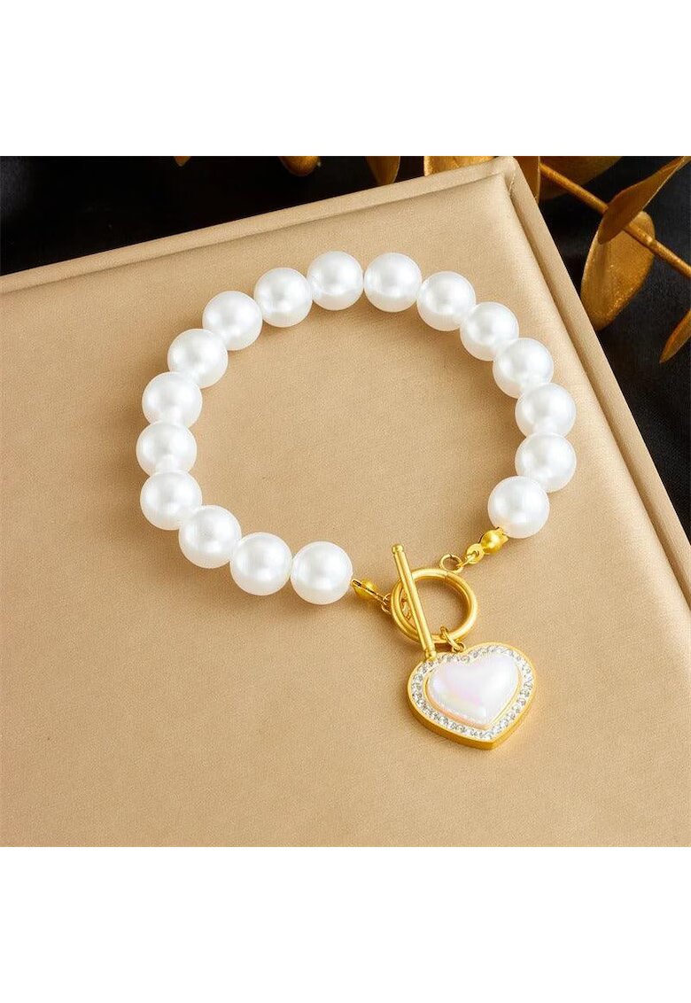 Pursehuit Bratara aurie - din otel inoxidabil 316L - placata cu aur 18K PVD - cu perle si inima - Dania C10