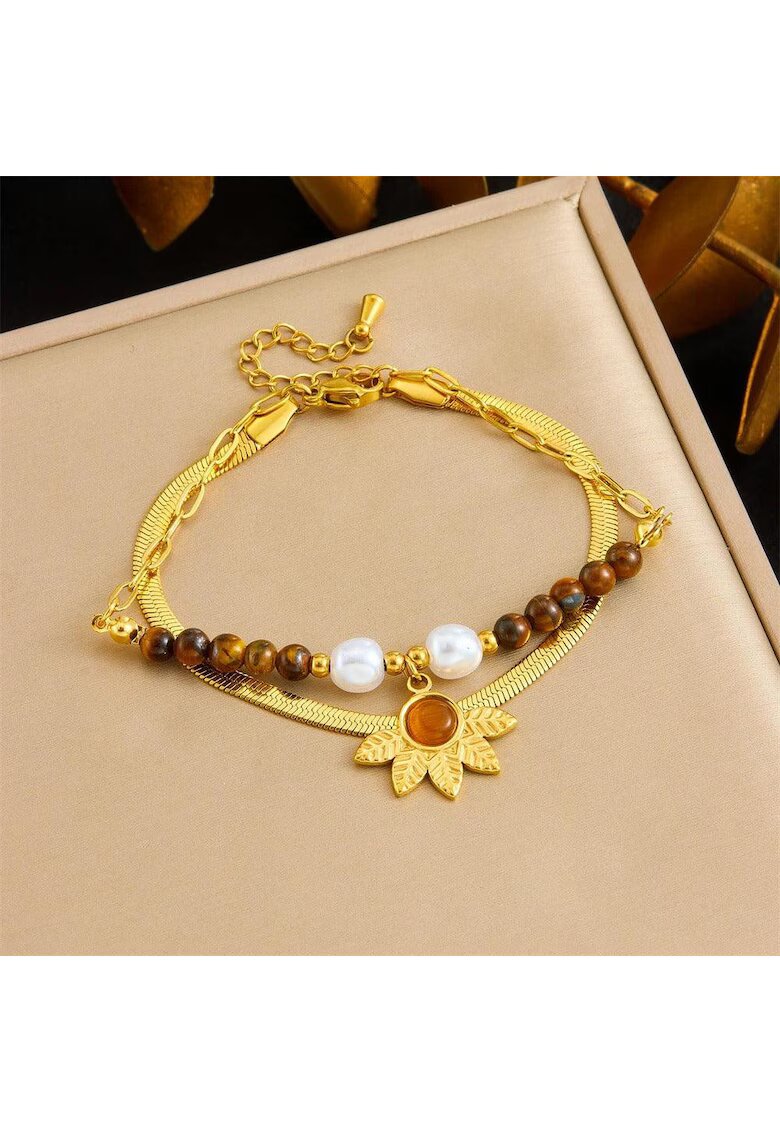 Pursehuit Bratara aurie - din otel inoxidabil - suflata cu aur 18k - cu margelute maro si perle - Emerik C3