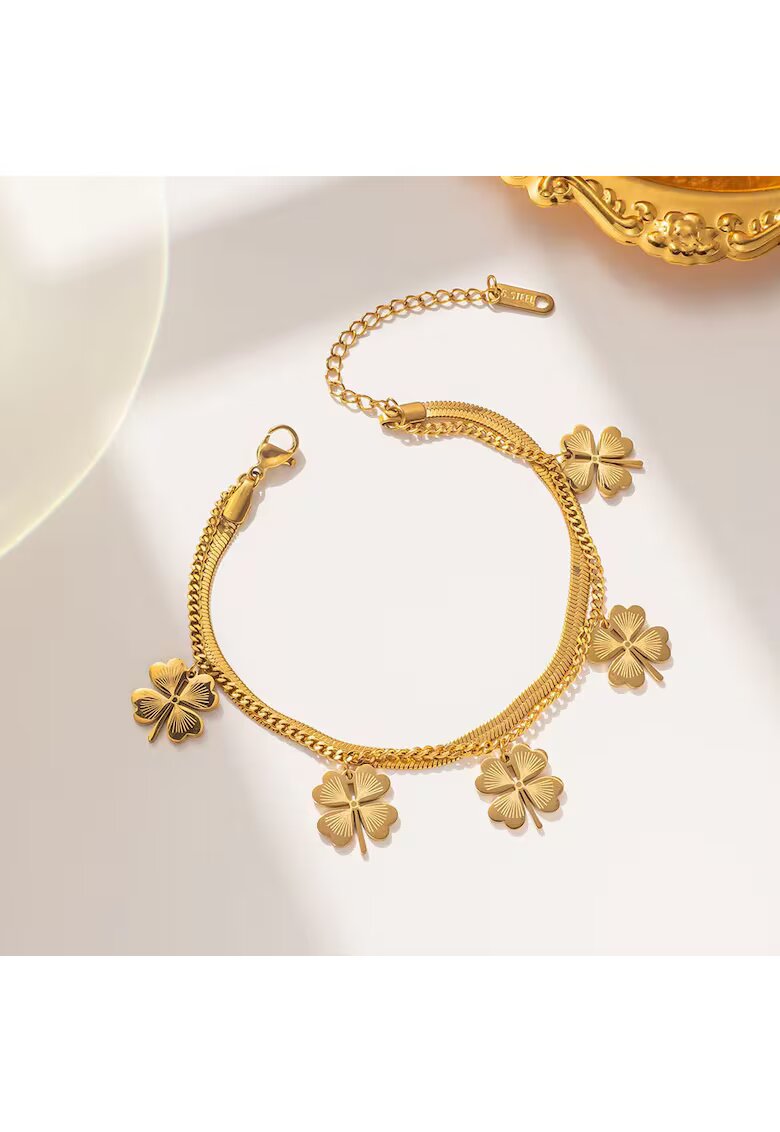 Pursehuit Bratara aurie - din otel inoxidabil - suflata cu aur 18k - in 2 straturi - cu trifoi - Isaka C5