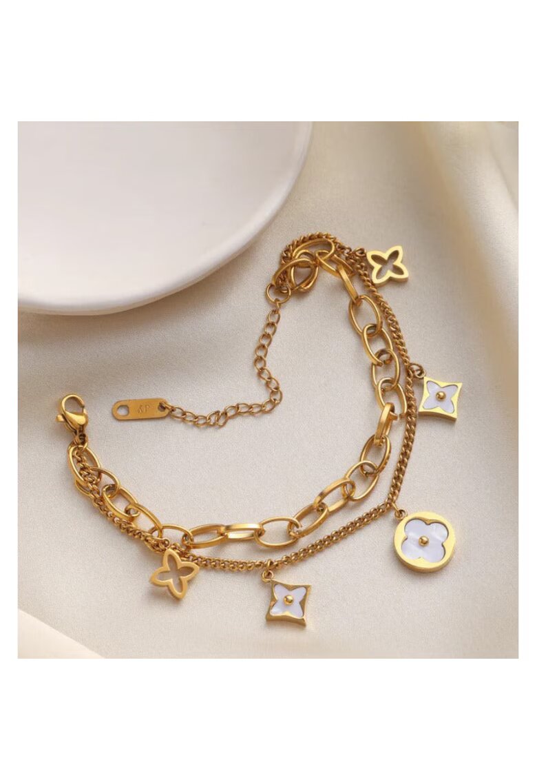 Pursehuit Bratara aurie - din otel inoxidabil - suflata cu aur 18k - in 2 straturi - cu zale si piese cu forme diverse - Jara C5