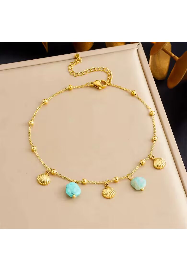 Pursehuit Bratara de picior - aurie din otel inoxidabil placat cu aur 18K PVD - cu scoici metalice si pietre turquoise - Aegir C4