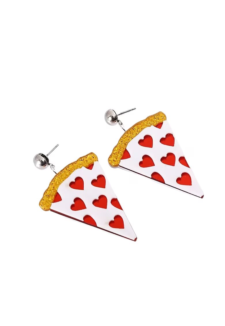 Pursehuit Cercei argintii - forma de felie de pizza - cu inimioare rosii - Axeline C14 -