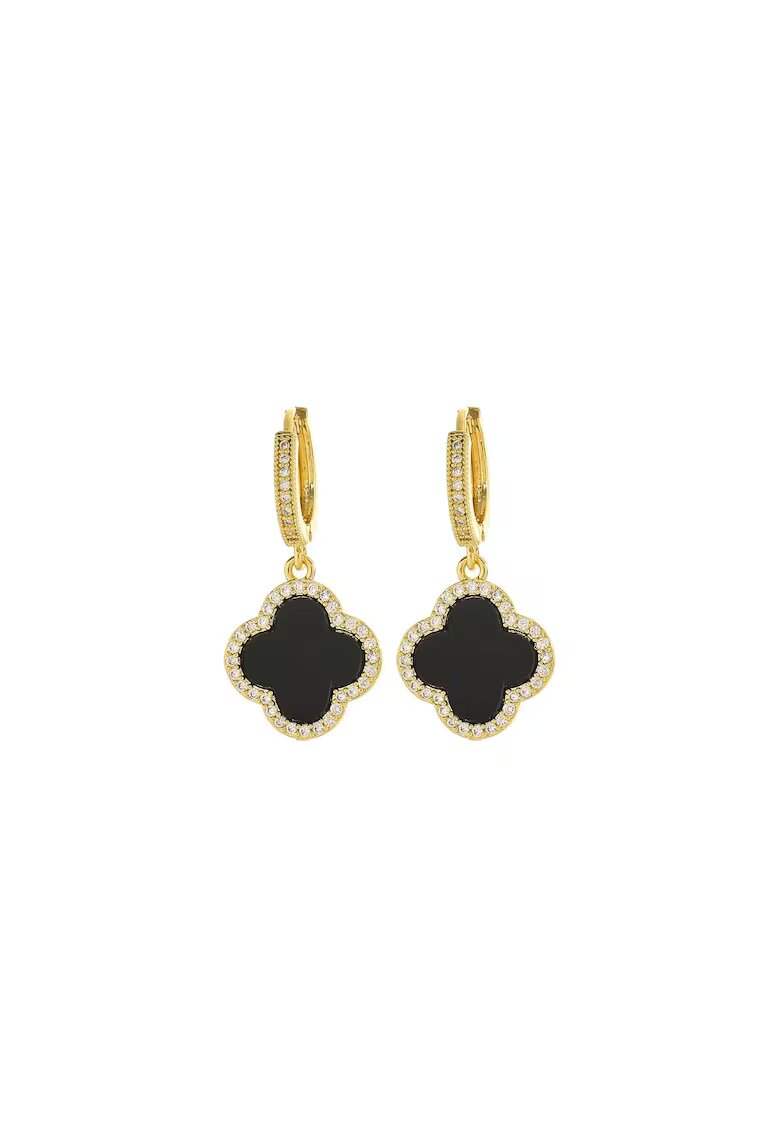 Pursehuit Cercei aurii - din otel inoxidabil 316L - forma de floricele negre - cu pietre din zirconiu - suflati cu aur 18K PVD - Hansine C2