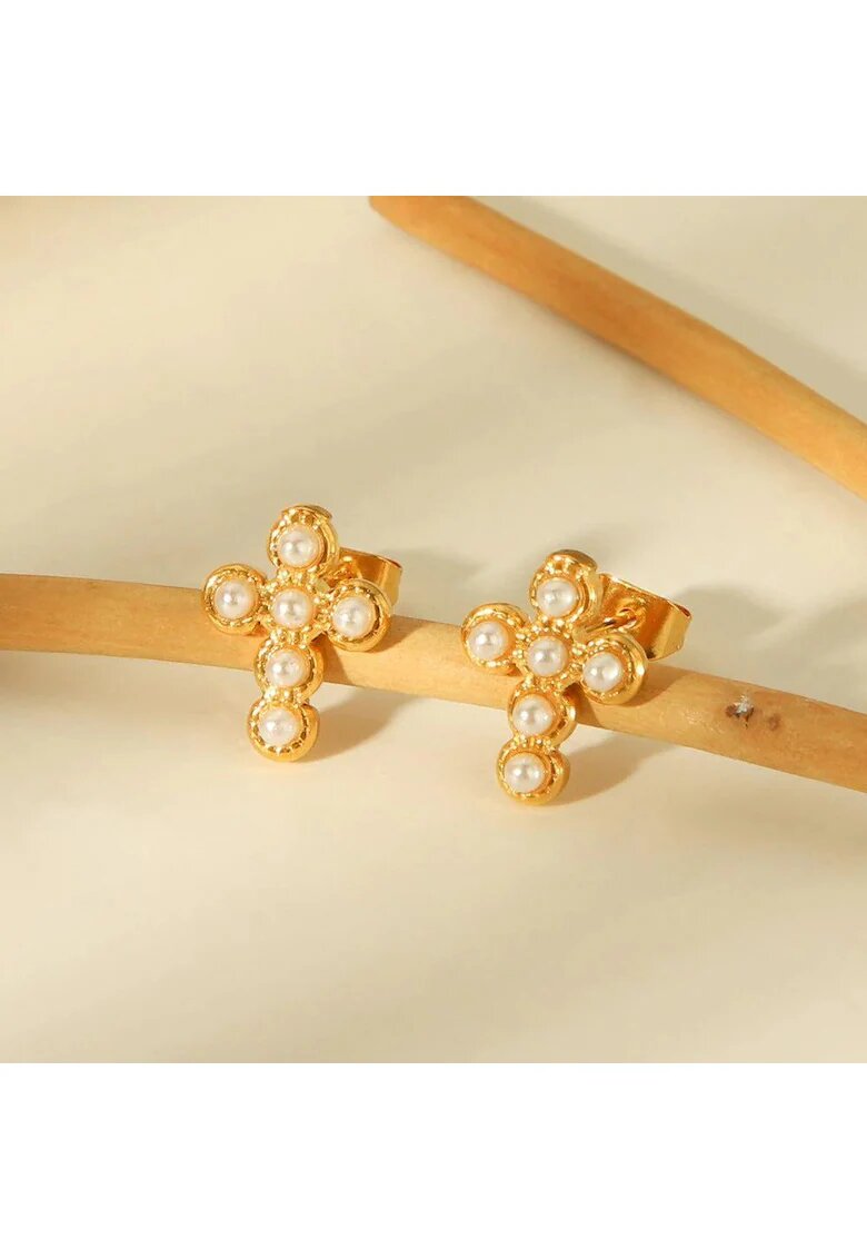 Pursehuit Cercei aurii - din otel inoxidabil - forma de cruciulita - cu perlute - suflati cu aur 18k - Frigga C1