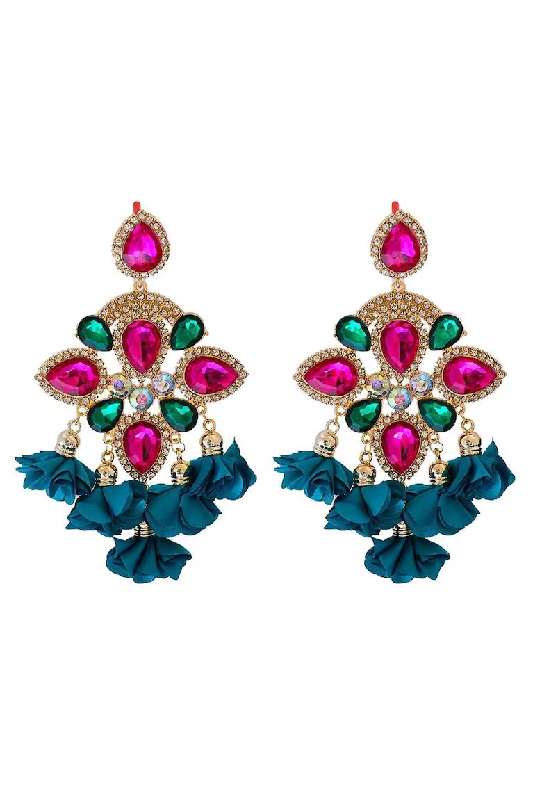 Pursehuit Cercei aurii - stil flamenco - cu pietre roz si flori turquoise - Henka C5