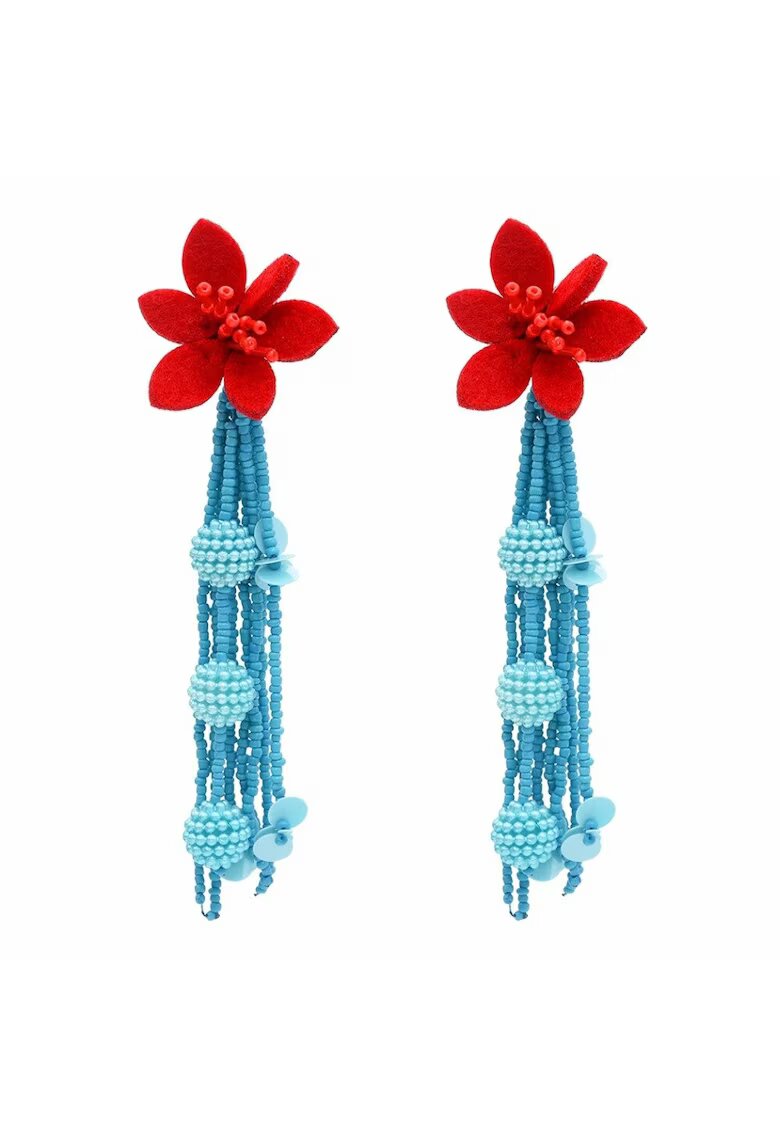 Pursehuit Cercei bleu - lungi - cu flori rosii - Rosalie C5 -