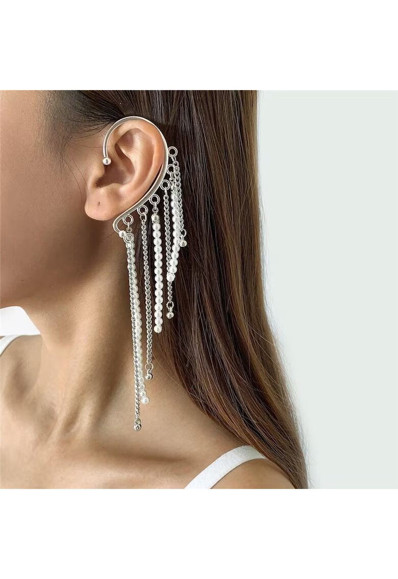 Pursehuit Cercel ear cuff - argintiu - cu franjuri si perle - Harda C4 -