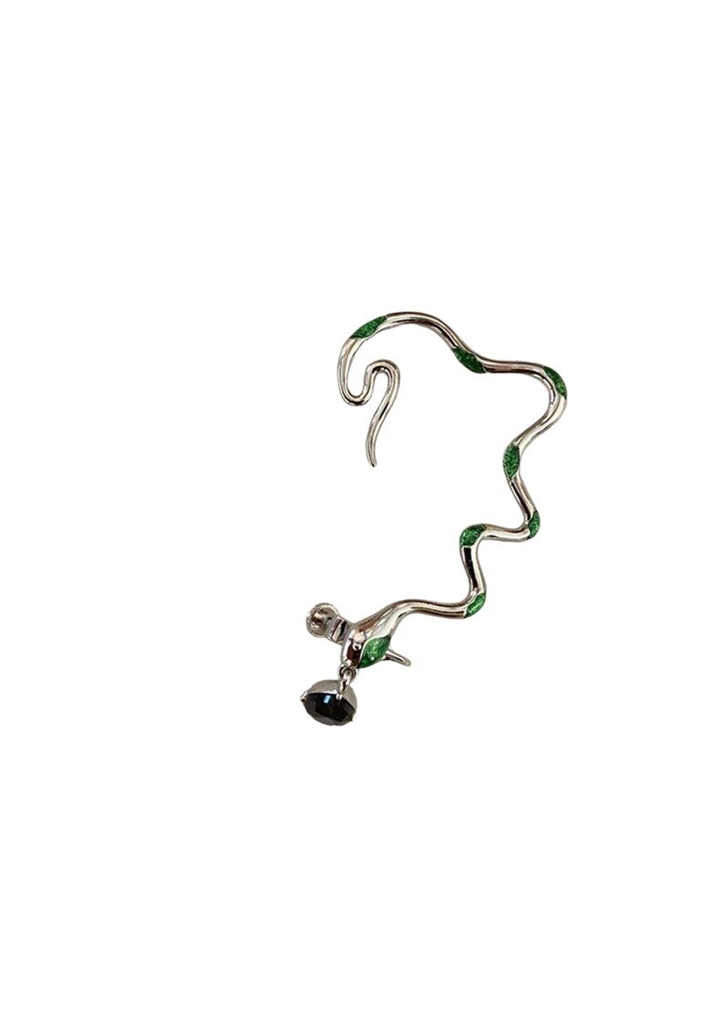 Pursehuit Cercel ear cuff - argintiu - forma de sarpe - cu pietre verzi - Gaida C5 -