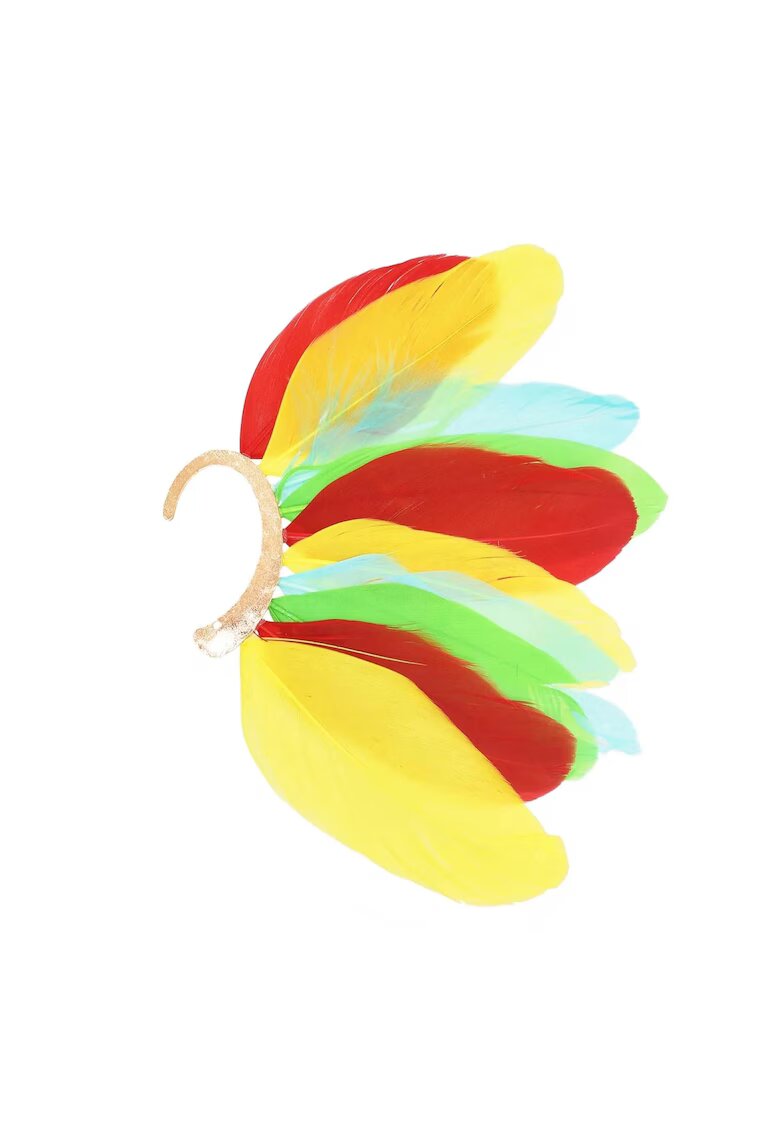 Pursehuit Cercel ear cuff - auriu - stil hippie - cu pene multicolore - Kaleb C34 -