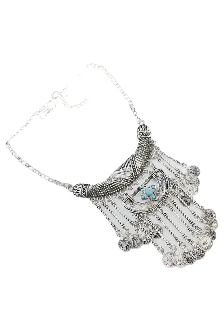Pursehuit Colier argintiu - cu banuti si pietre turquoise - Saras C12 -