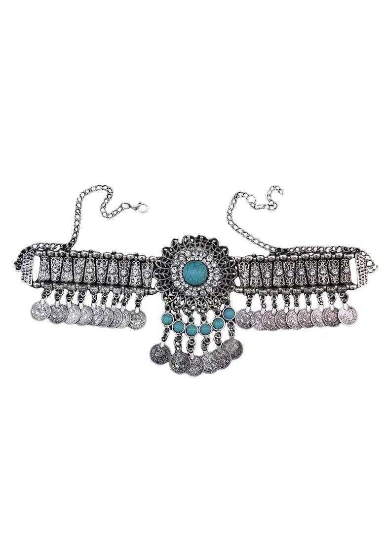 Pursehuit Colier argintiu - cu banuti si pietre turquoise - Sasia C8 -