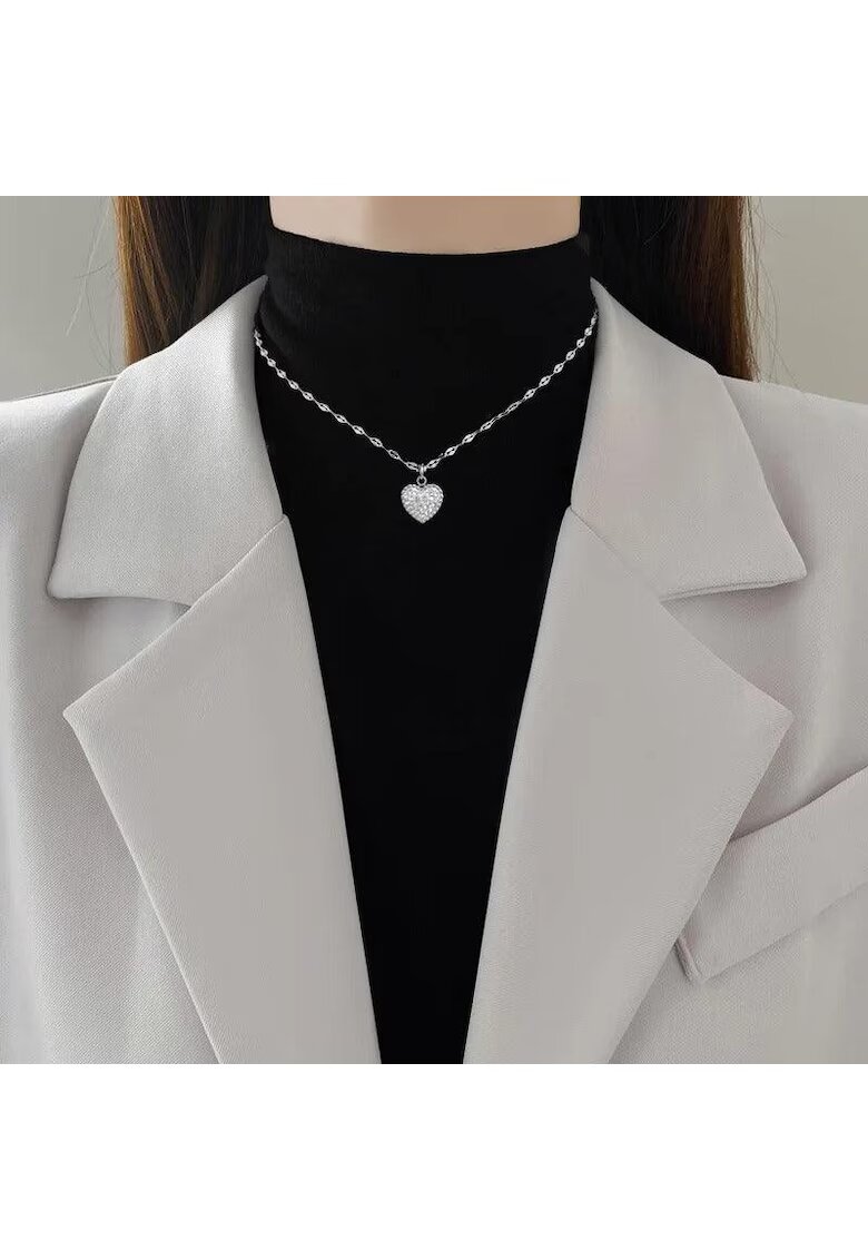 Pursehuit Colier argintiu - din otel inoxidabil - cu pandantiv inimioara si pietre - suflat cu aur 18k - Beth C12
