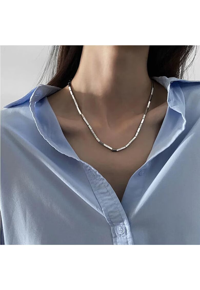 Pursehuit Colier argintiu - din otel inoxidabil - cu piese geometrice - suflat cu aur 18k - Amilia C1