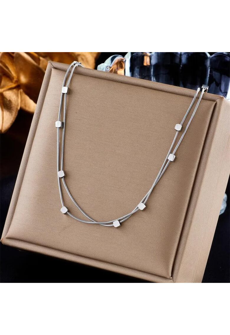 Pursehuit Colier argintiu - din otel inoxidabil - in 2 straturi - cu piese cub - suflat cu aur 18k - Byrge C11