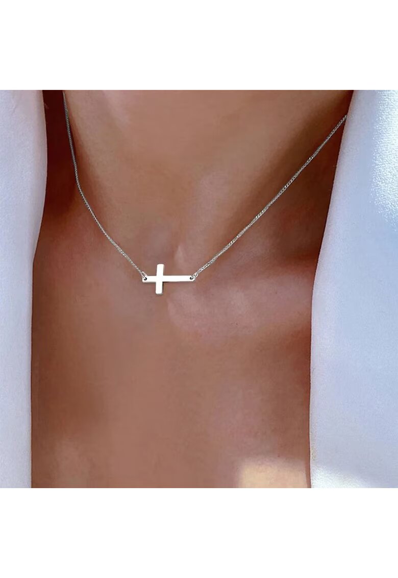 Pursehuit Colier argintiu - din otel inoxidabil - suflat cu aur 18k - cu pandantiv cruciulita orizontala - Irene C5