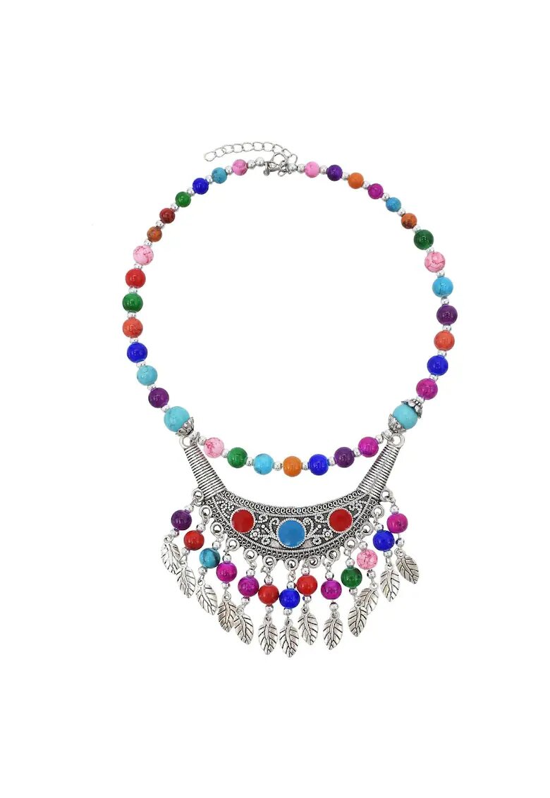 Pursehuit Colier argintiu - stil boho - cu margelute colorate - Leocadia C28 -