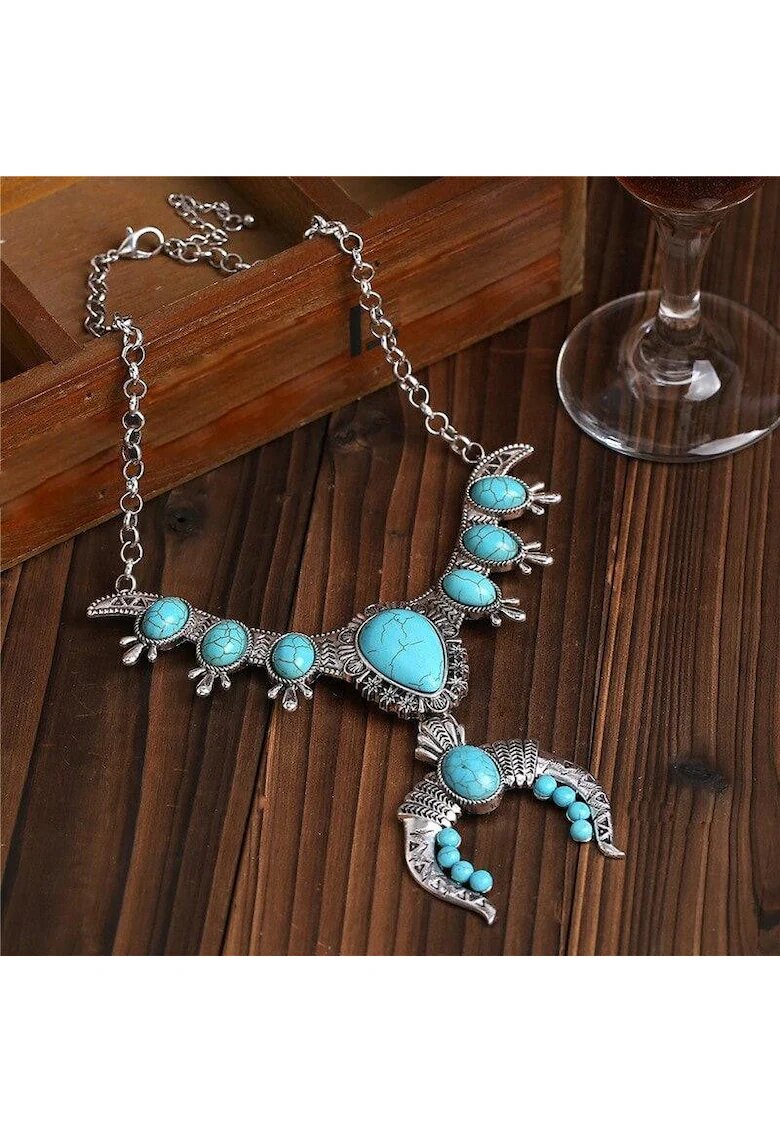 Pursehuit Colier argintiu - stil boho - cu pietre turquoise - Rozalina C6 -