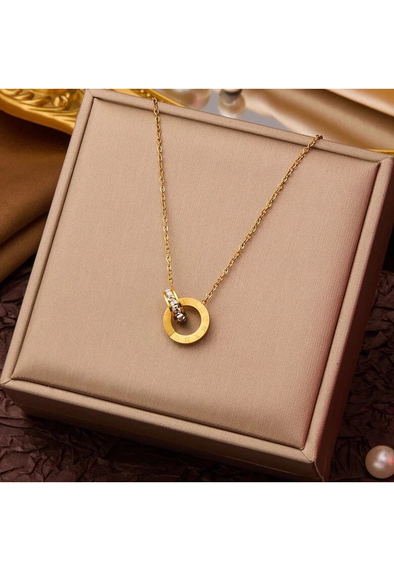 Pursehuit Colier auriu - din otel inoxidabil 316L - placat cu aur 18K PVD - cu cerculete imbinate si pietre din zirconiu - Inka C4