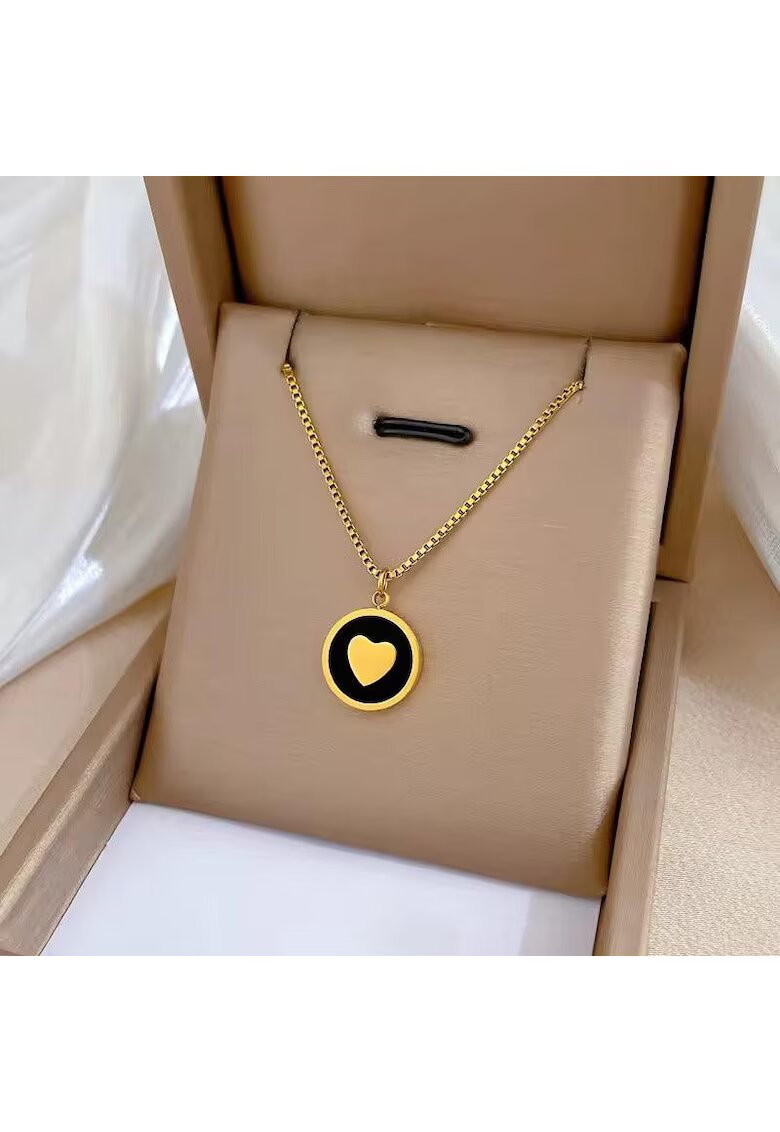 Pursehuit Colier auriu - din otel inoxidabil - cu pandantiv rotund si inimioara - suflat cu aur 18k - Berny C11