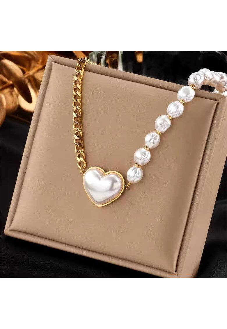 Pursehuit Colier auriu - din otel inoxidabil - cu perle si pandantiv inima - suflat cu aur 18k - Throtti C1