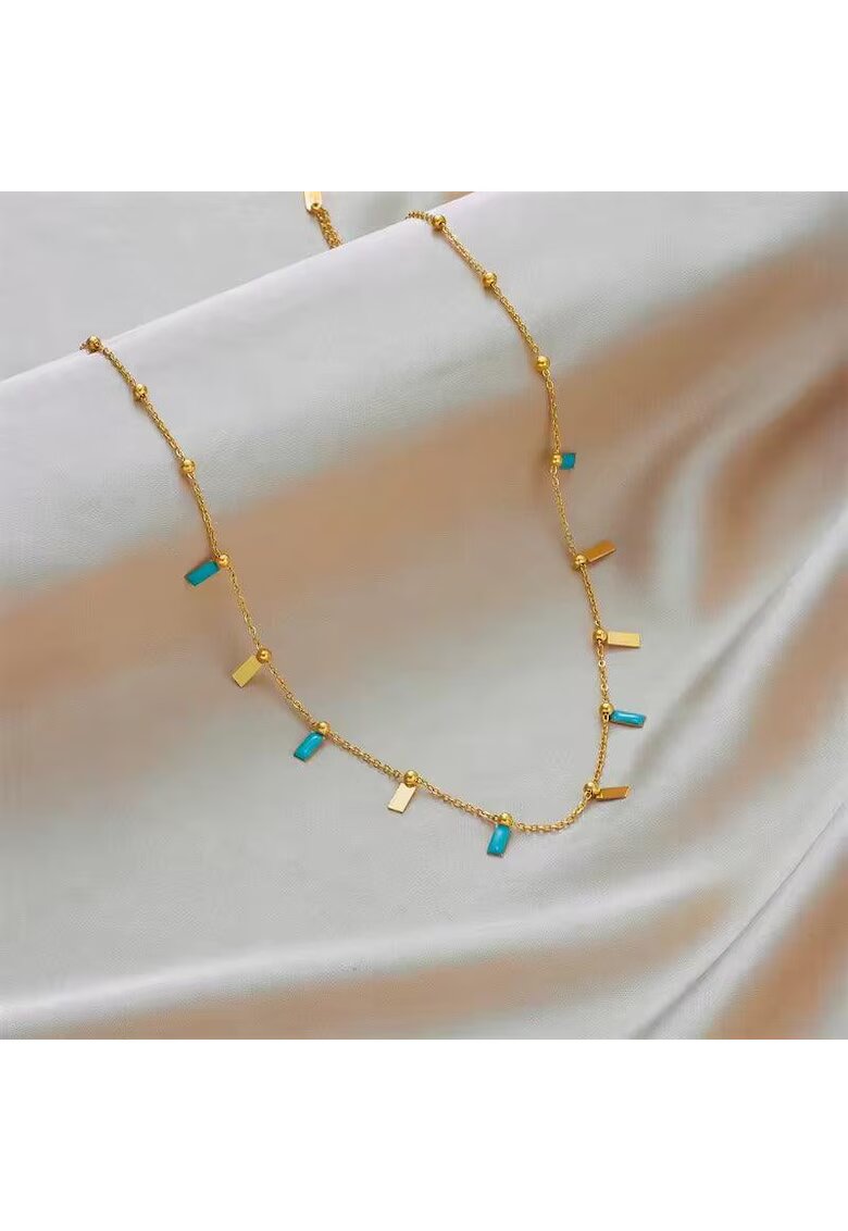 Pursehuit Colier auriu - din otel inoxidabil - cu piese turquoise - suflat cu aur 18k - Berite C9