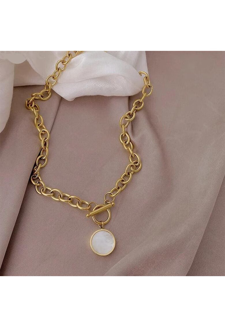 Pursehuit Colier auriu - din otel inoxidabil - cu zale si pandantiv rotund - suflat cu aur 18k - Berenice C9