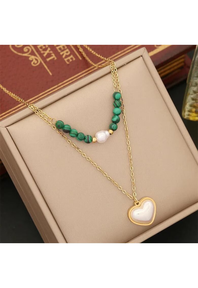Pursehuit Colier auriu - din otel inoxidabil - in 2 straturi - cu inimioara - perle si margelute - suflat cu aur 18k - Amelia C1