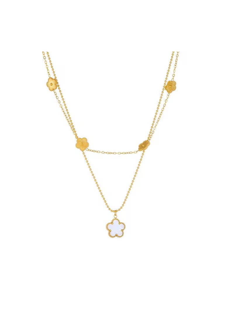 Pursehuit Colier auriu - din otel inoxidabil - in 2 straturi - cu pandantiv floricica - suflat cu aur 18k - Bethany C9