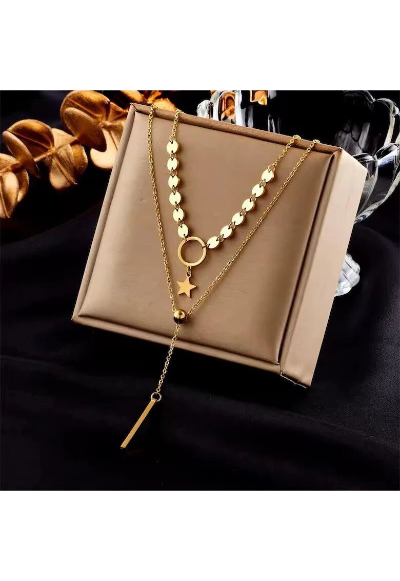 Pursehuit Colier auriu - din otel inoxidabil - in 2 straturi - cu steluta si banuti - suflat cu aur 18k - Thure C2