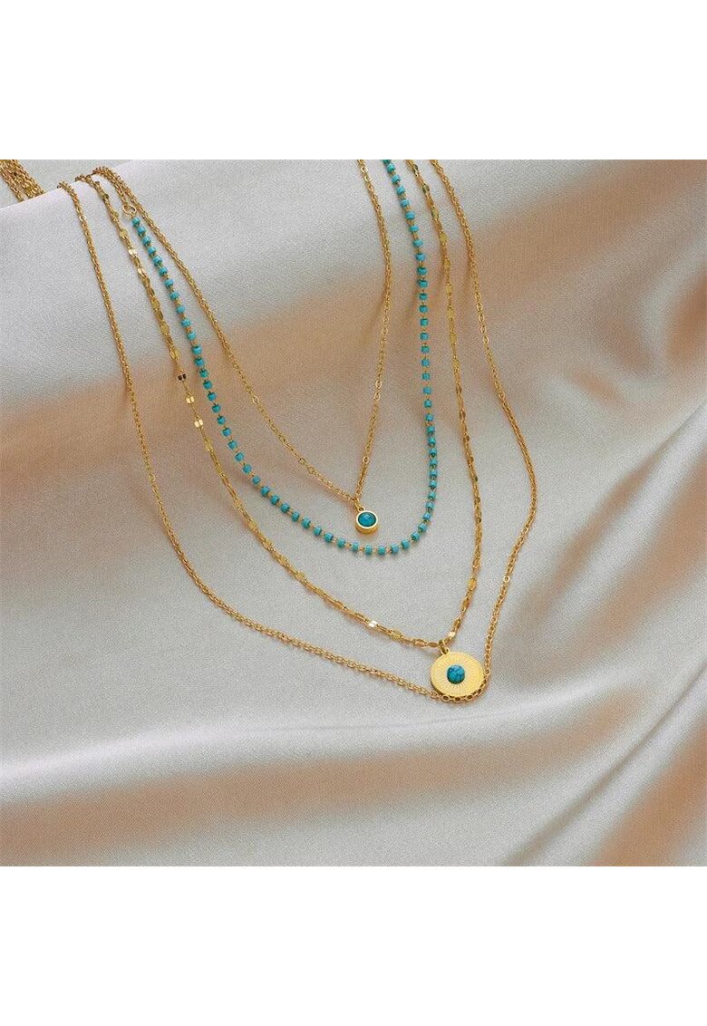 Pursehuit Colier auriu - din otel inoxidabil - in 4 straturi - cu margelute turquoise - suflat cu aur 18k - Bergot C12